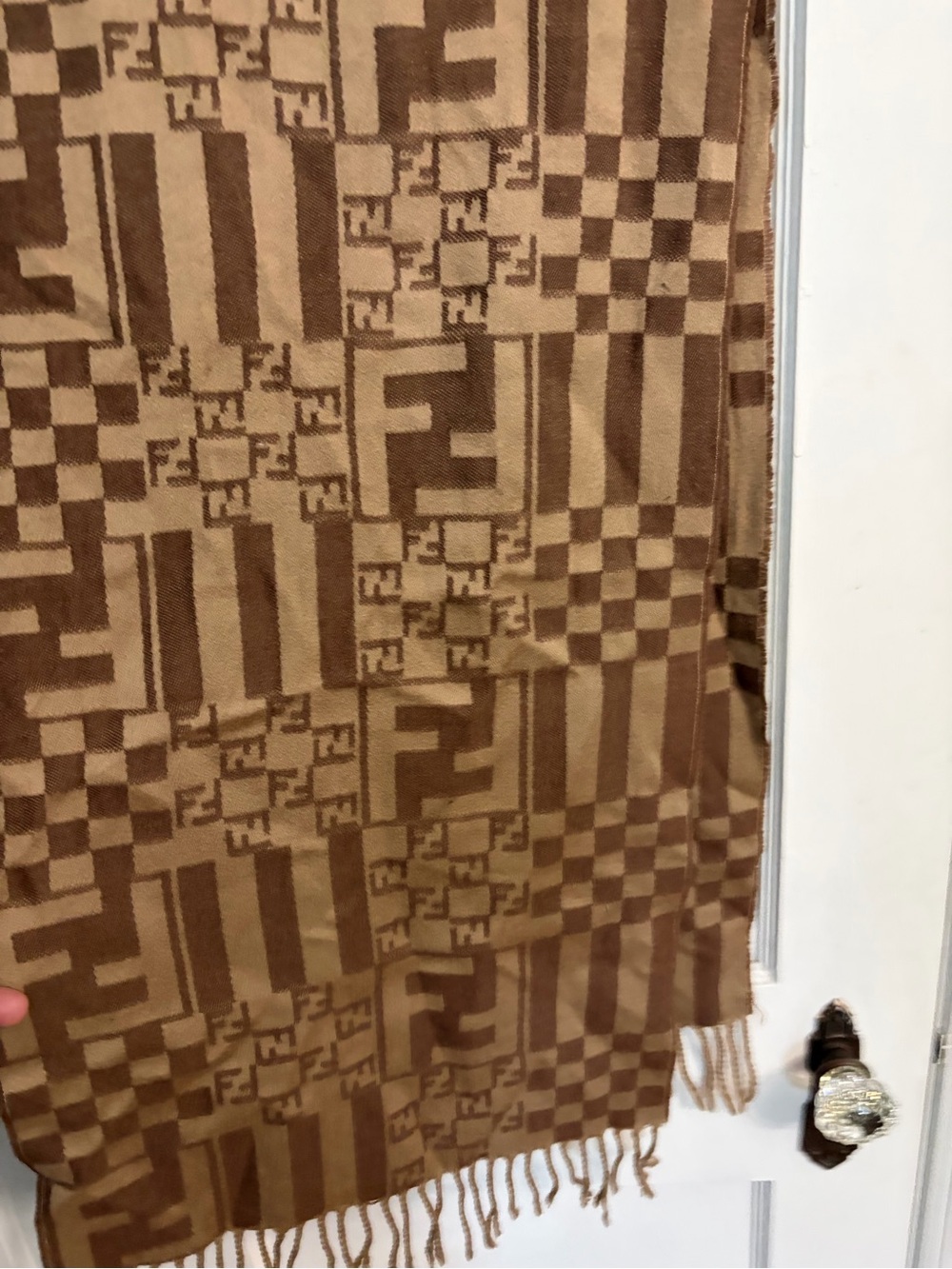 Fendi Brown and Tan Monogram Checkerboard Wool Scarf - Picture 2 of 3